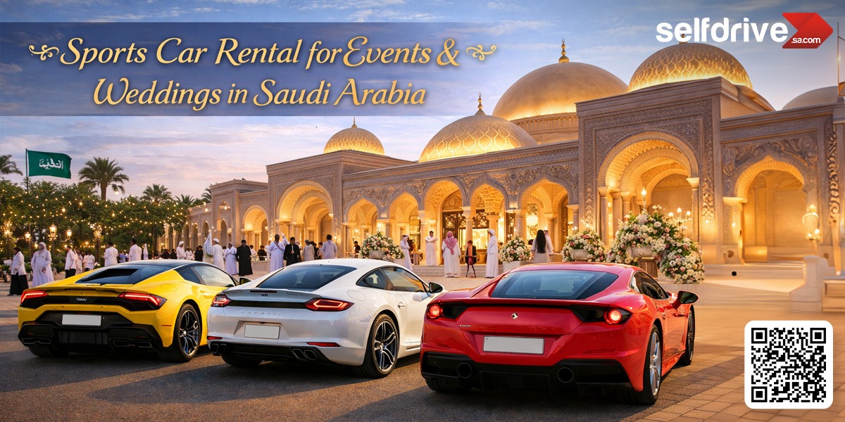 Grand evening event at an ornate Saudi Arabian venue with golden domes. Foreground features yellow, white, and red luxury sports cars. Festive atmosphere.